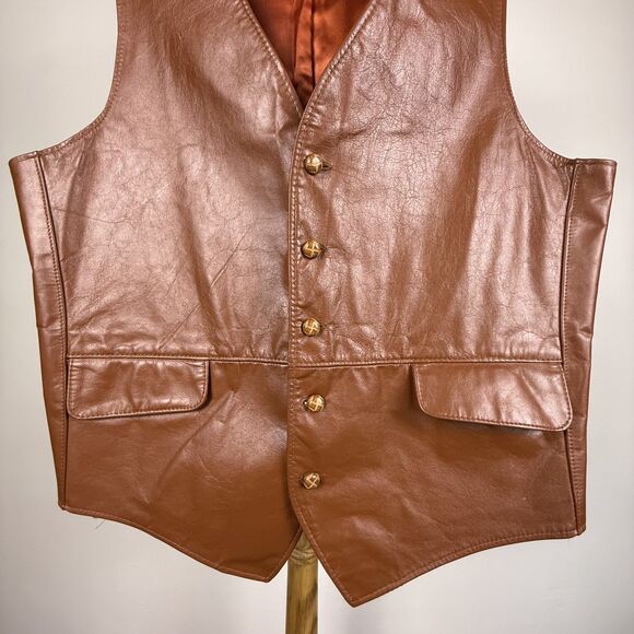 Vintage 70s Genuine Leather Cognac Brown Vest | JCPenny Western Cowboy - Picture 9 of 13